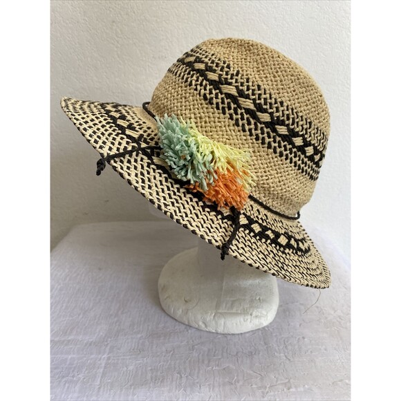Chaos Straw Hat Woven Floppy Wide Brim Sun Fedora w Pom Summer Beach Pool OS - Picture 1 of 9